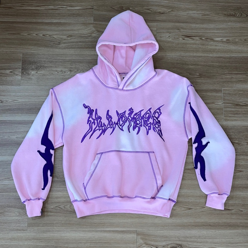 Pink Hoodie w/ Purple Embroidered Flames and Stitched Designs on both arms.